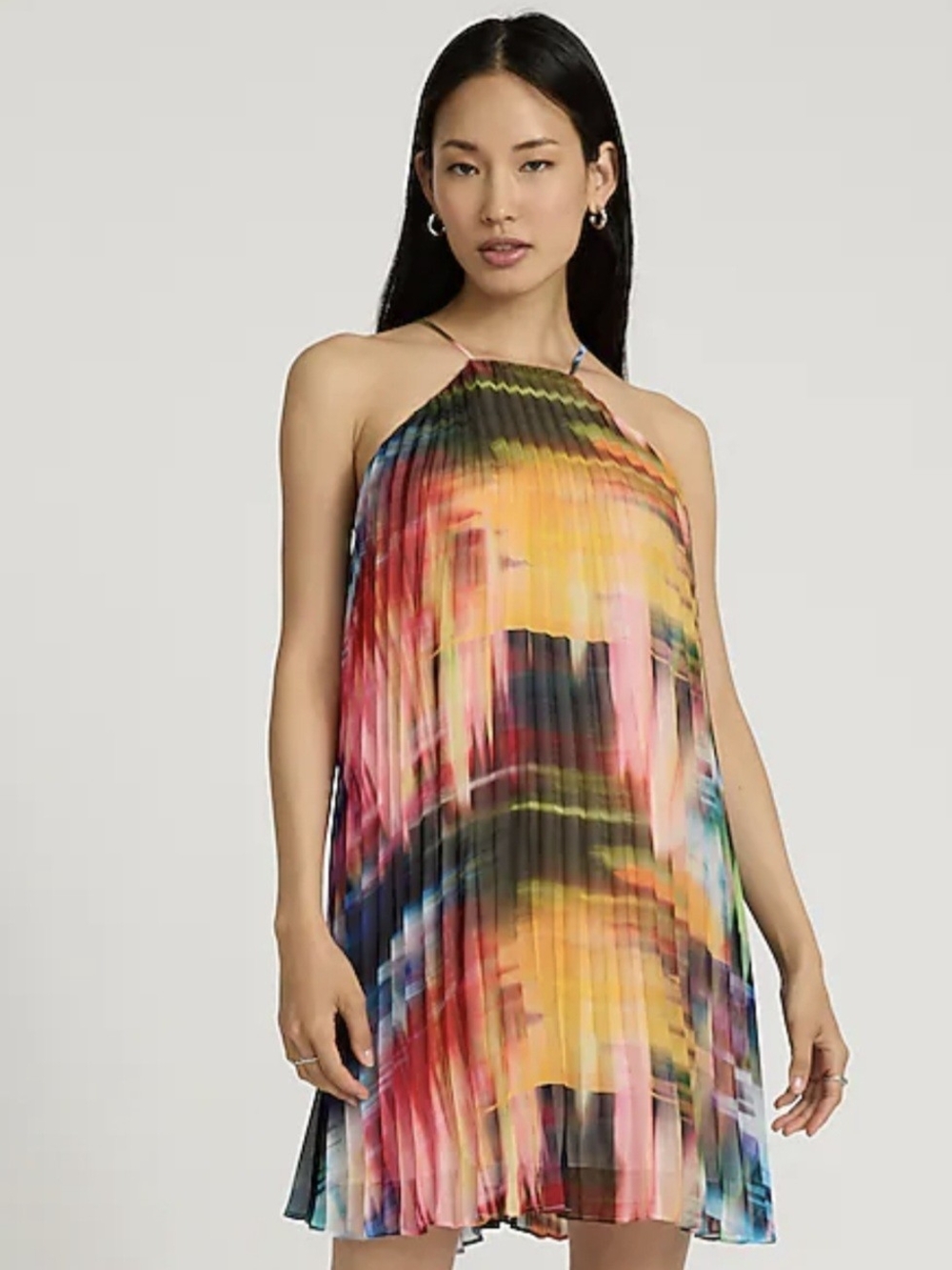 Express Multicolor Pleated Halter Midi Dress - Yellow, Pink, Blue